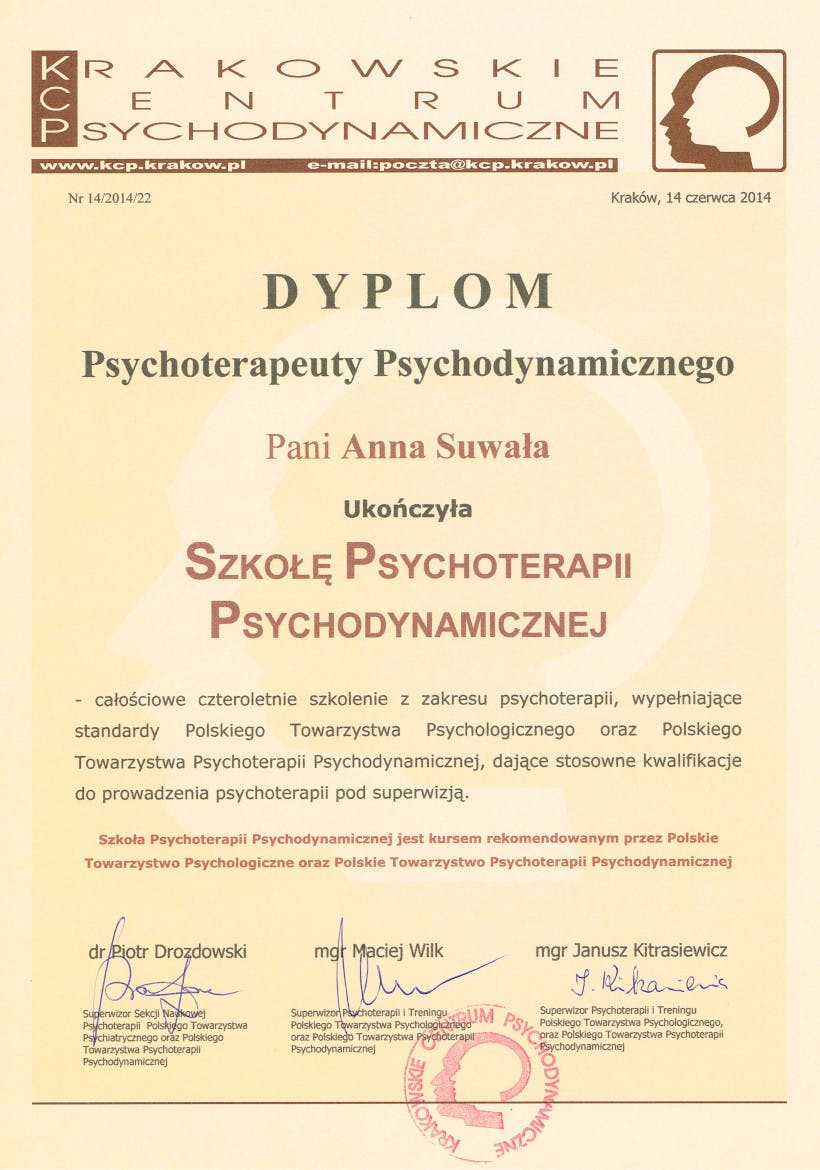 dyplom ukończenia Szkoł Psychoterapii Dynamicznej