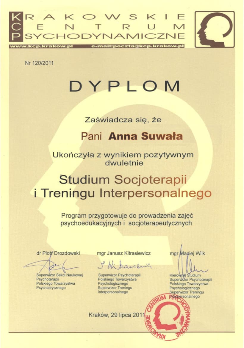 dyplom ukończenia Studium Socjoterapii